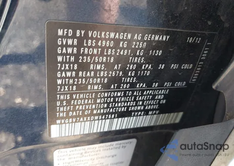 2013 Volkswagen Tiguan Se from USA, damaged, VIN WVGBV7AXXDW547581